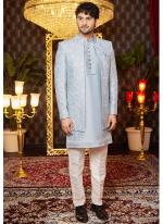 Art Silk Grey Blue Wedding Wear Thread Work Readymade Indo Western Sherwani